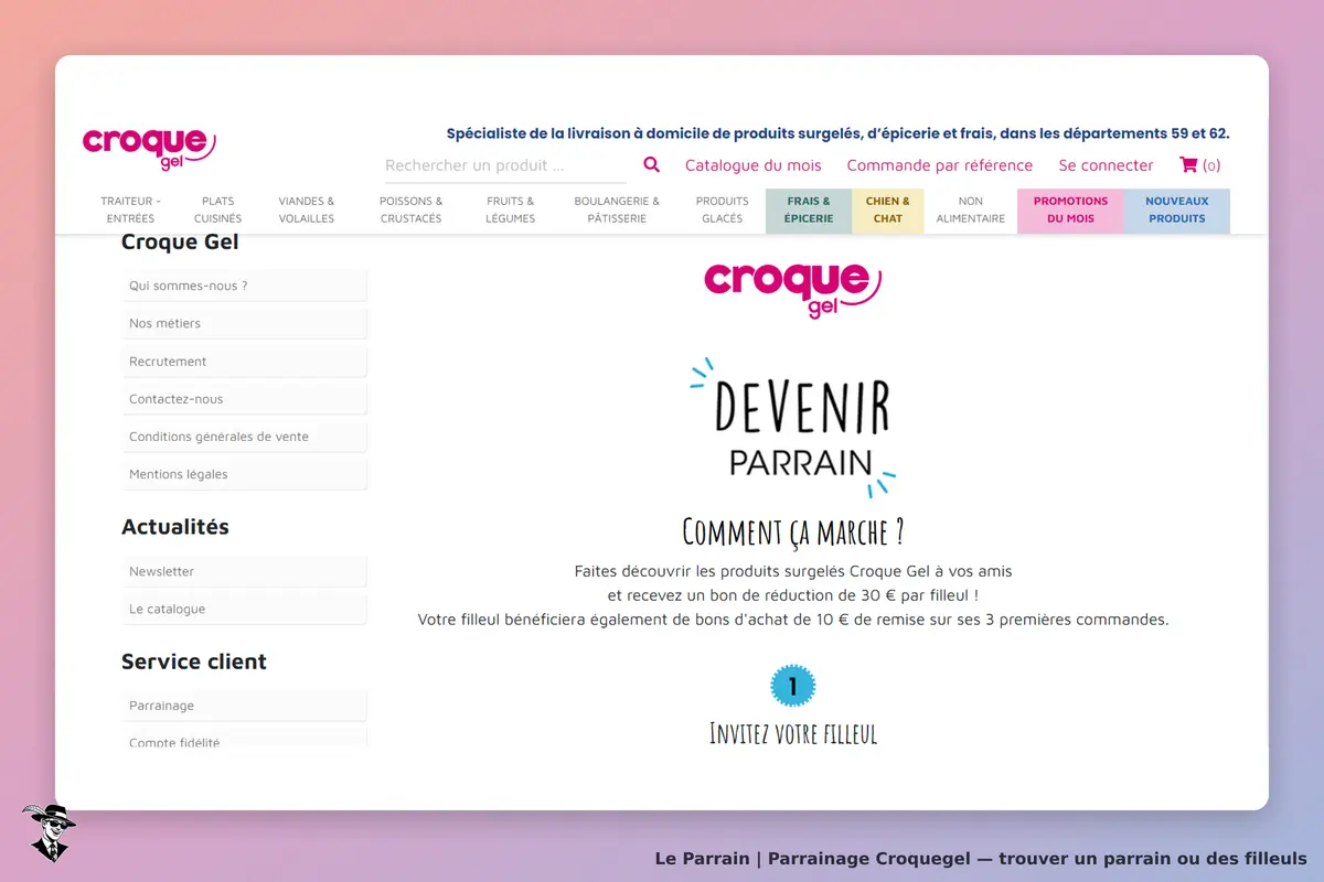 Croquegel : croque Gel : page d'accueil avec informations sur le parrainage et invitation à inviter