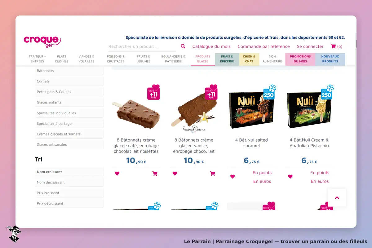 Croquegel : croque gel : page d'accueil avec des produits glacés et options de tri visibles