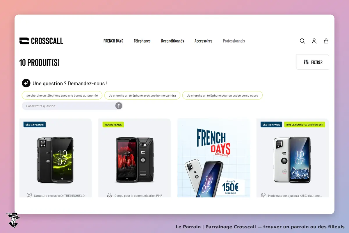 Crosscall : page d'accueil présentant des téléphones et promotions en cours
