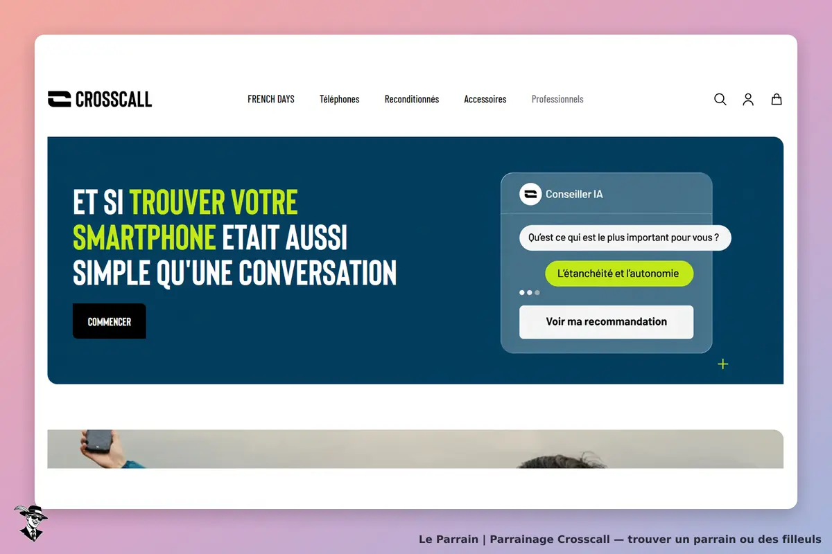 Crosscall : page d'accueil avec un chatbot et un message sur la recherche de smartphones