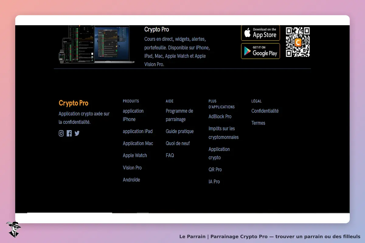 Crypto Pro : page d'accueil avec informations sur l'application et liens vers les stores