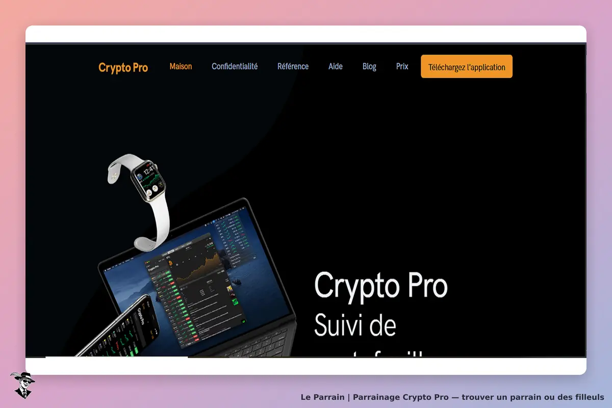 Crypto Pro : page d'accueil avec un smartphone, une montre et un ordinateur affichant des