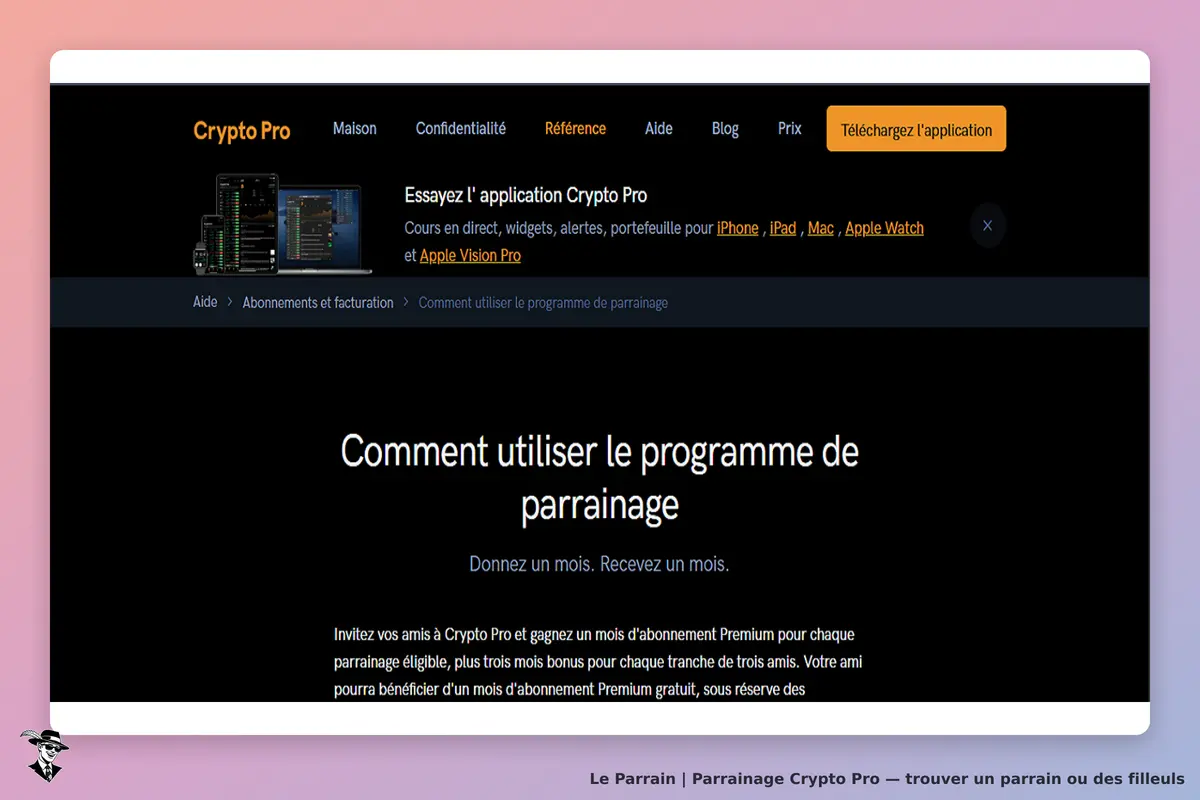 Crypto Pro : page d'accueil avec informations sur le programme de parrainage