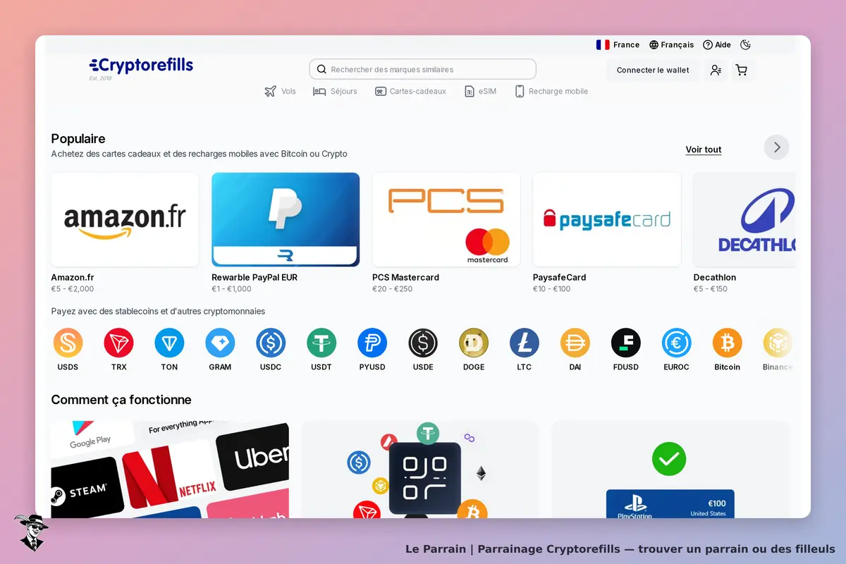 Cryptorefills : page d'accueil affichant des cartes cadeaux et options de paiement en crypto