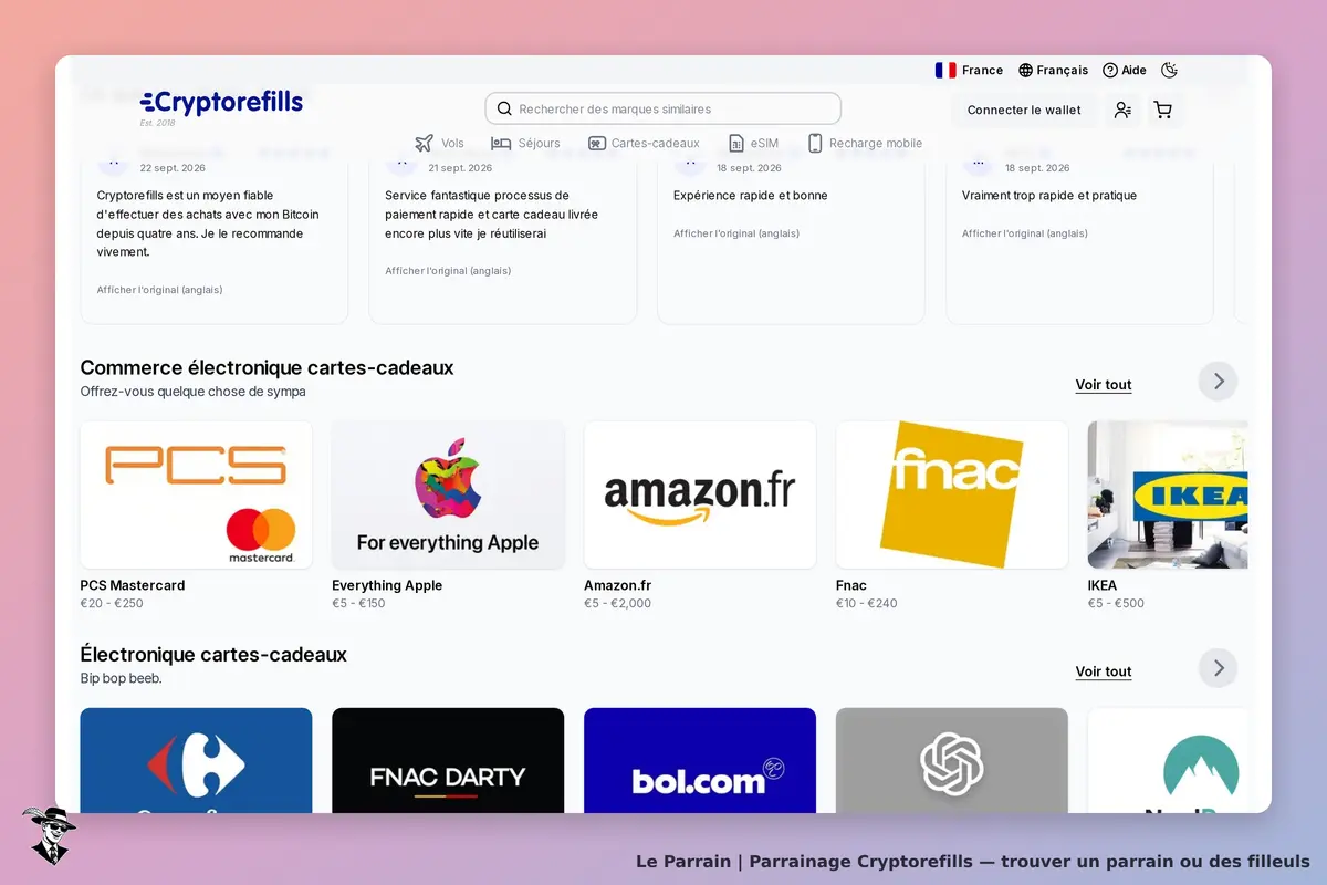 Cryptorefills : page d'accueil présentant divers cartes-cadeaux et logos de marques