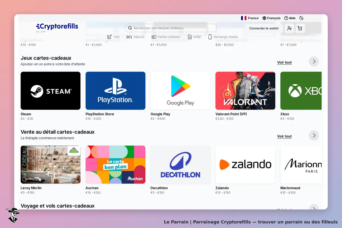 Cryptorefills : page d'accueil avec cartes-cadeaux pour jeux et divers services affichés