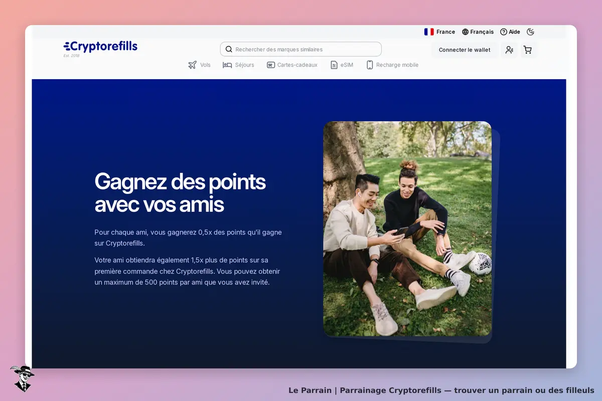 Cryptorefills : page d'accueil avec texte sur le parrainage et image de trois amis en extérieur