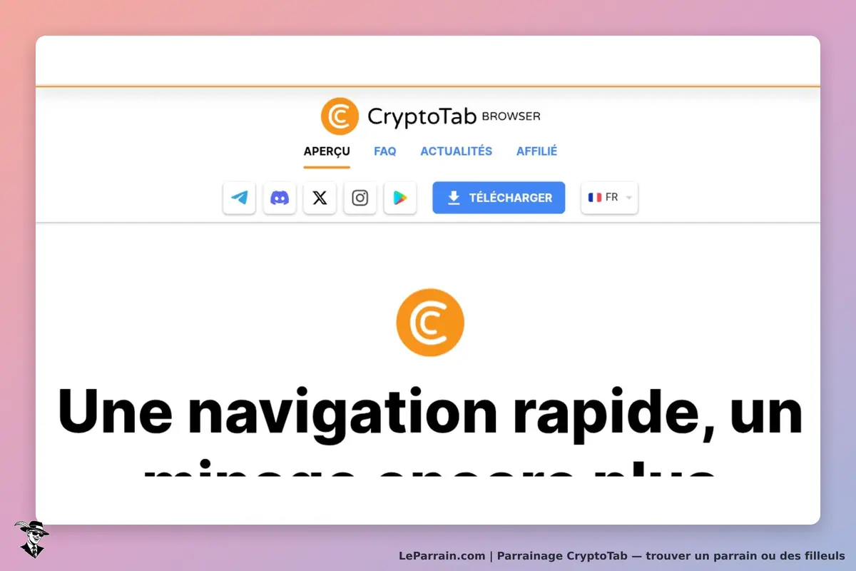 CryptoTab : page d'accueil avec le logo, un bouton de téléchargement et un slogan en gras