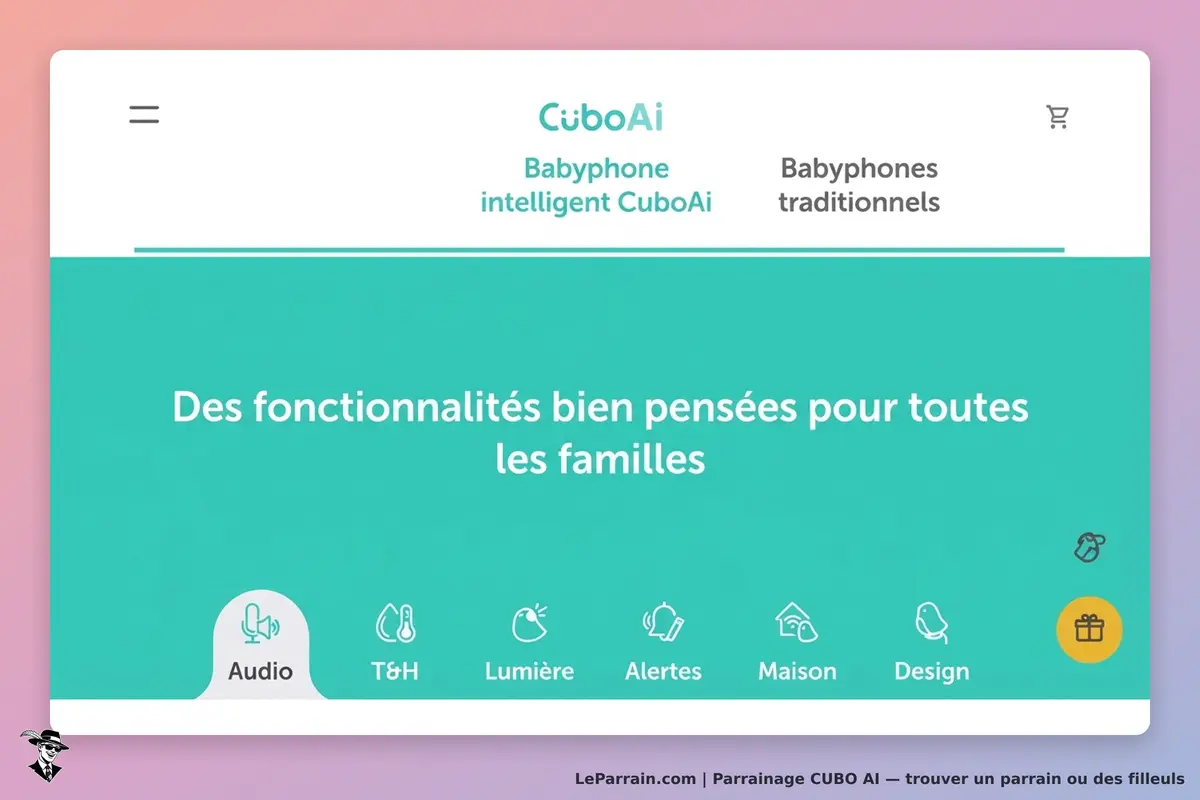 CUBO AI : cuboAi : page d'accueil présentant des fonctionnalités pour les familles et des icônes de