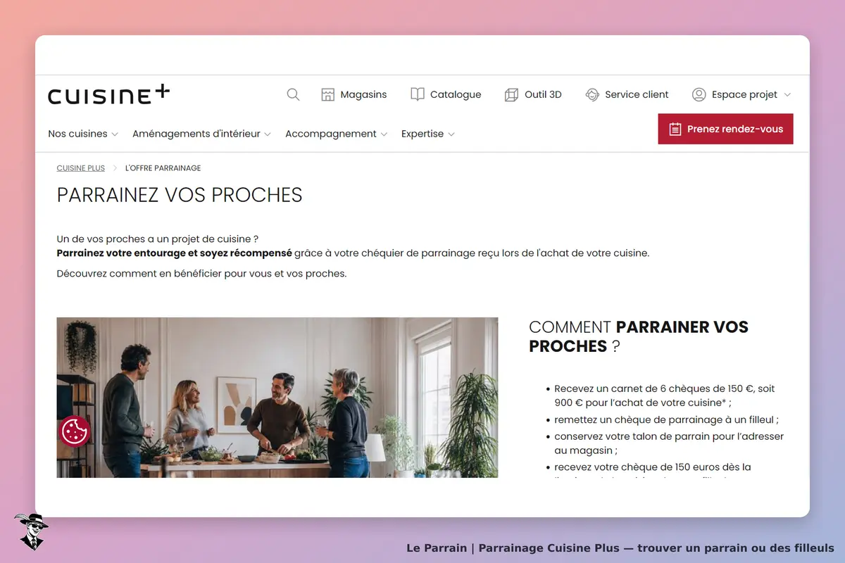 Cuisine Plus : page sur le parrainage avec texte explicatif et image de personnes en discussion