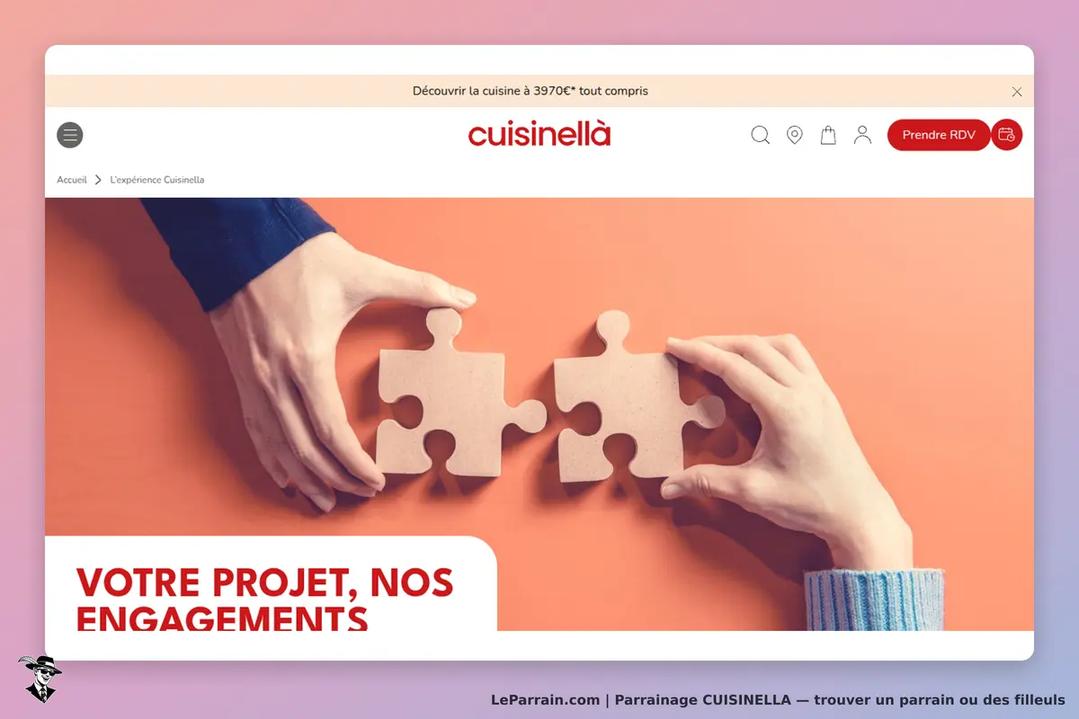 CUISINELLA : deux mains tenant des pièces de puzzle sur un fond orange, avec un texte en bas