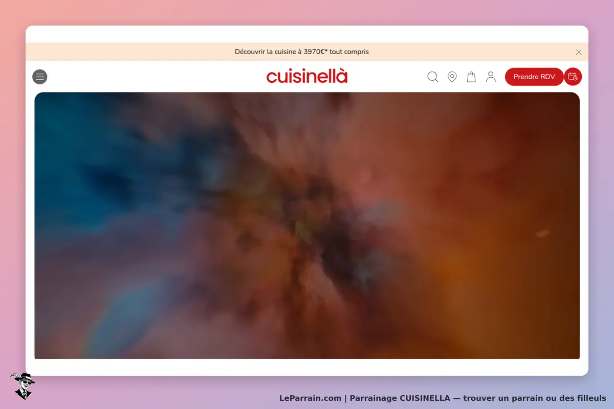 CUISINELLA : fond coloré avec le logo en haut et un bouton pour prendre rendez-vous
