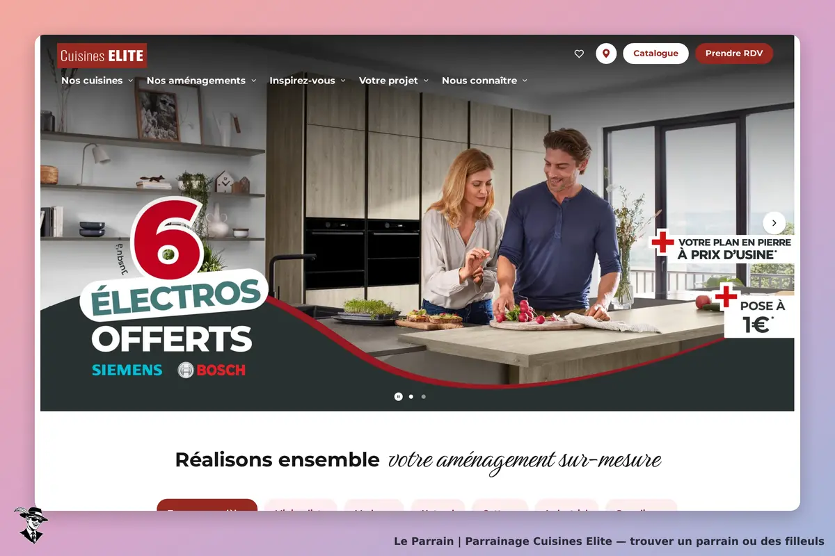 Cuisines ELITE : page d'accueil avec couple préparant des aliments dans une cuisine moderne