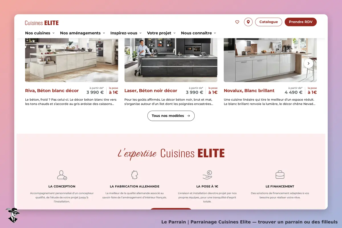 Cuisines ELITE : page d'accueil présentant plusieurs modèles de cuisines avec des descriptions
