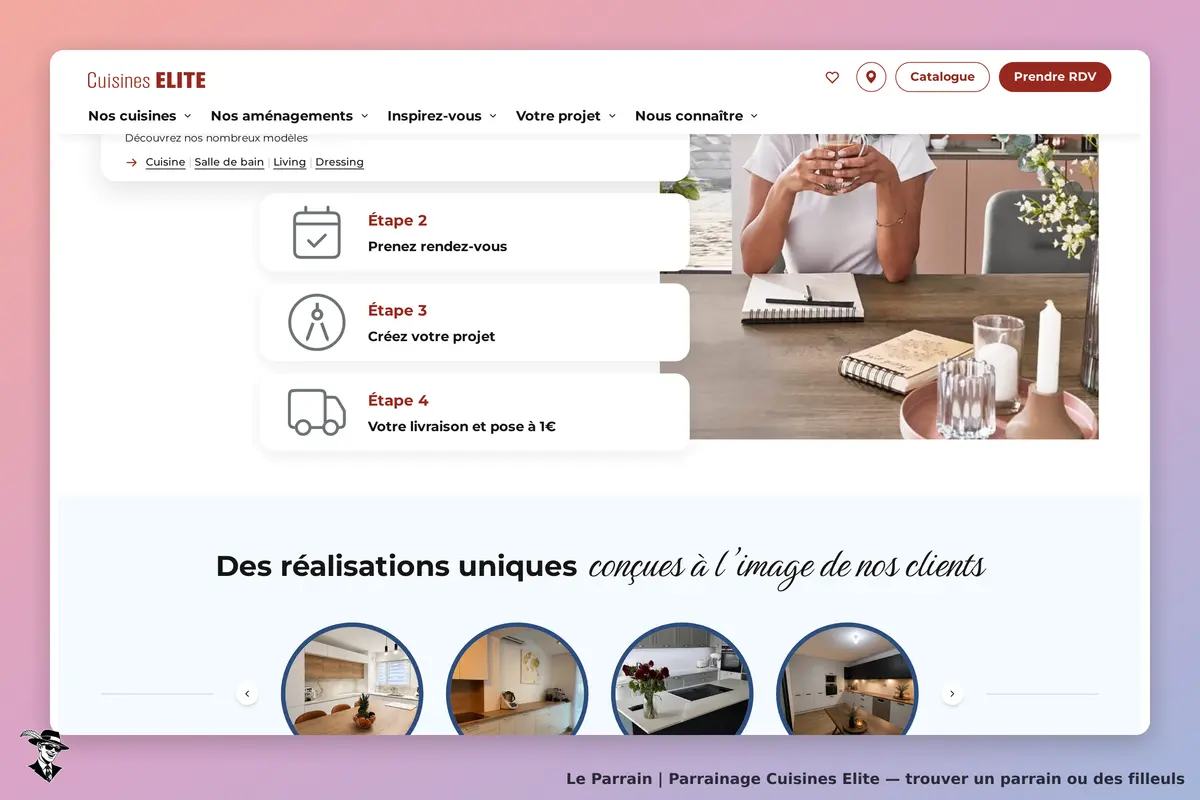 Cuisines ELITE : page d'accueil avec étapes pour créer un projet et visuel de cuisine moderne