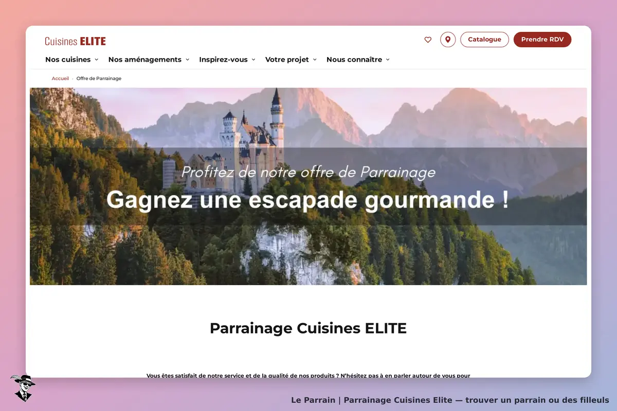 Cuisines ELITE : page d'accueil avec un paysage montagneux et un message sur le parrainage