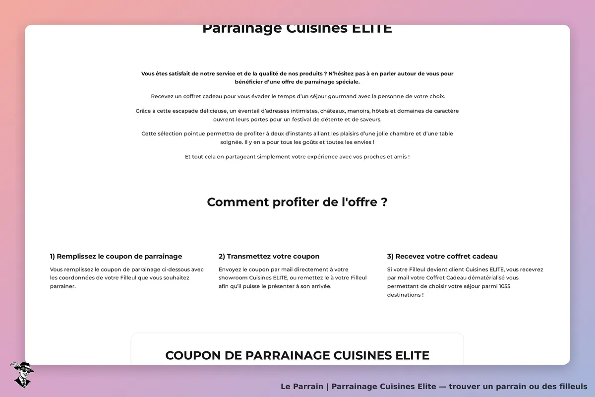 Cuisines Elite : section de parrainage avec étapes et explications sur l'offre de parrainage
