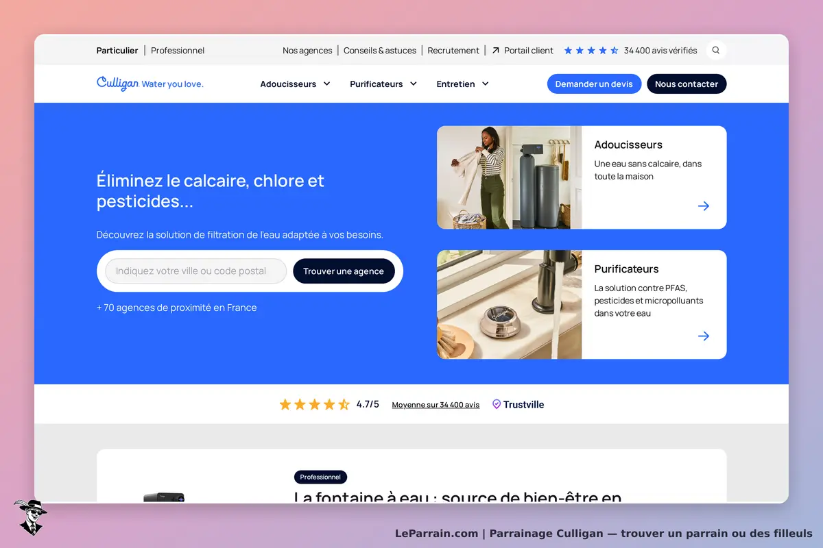 Culligan : page d'accueil avec options de filtration d'eau et formulaire de localisation