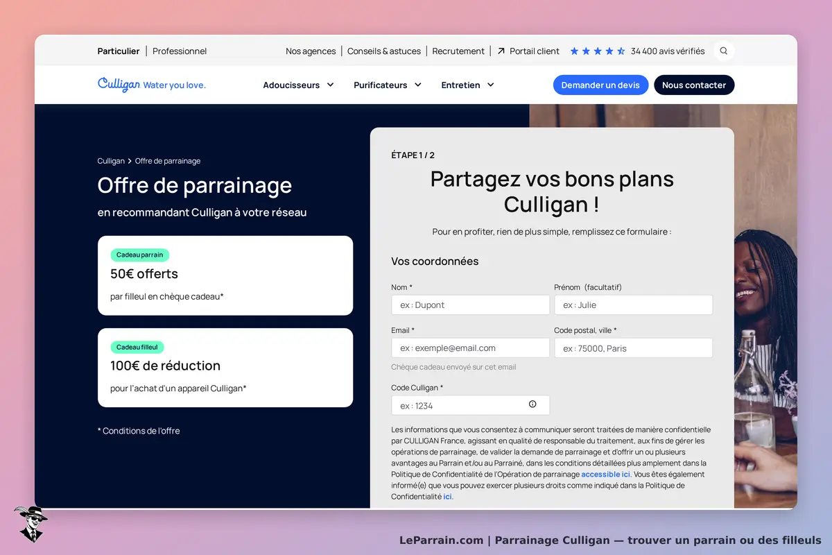 Culligan : page d'accueil avec formulaire de parrainage et offres visibles