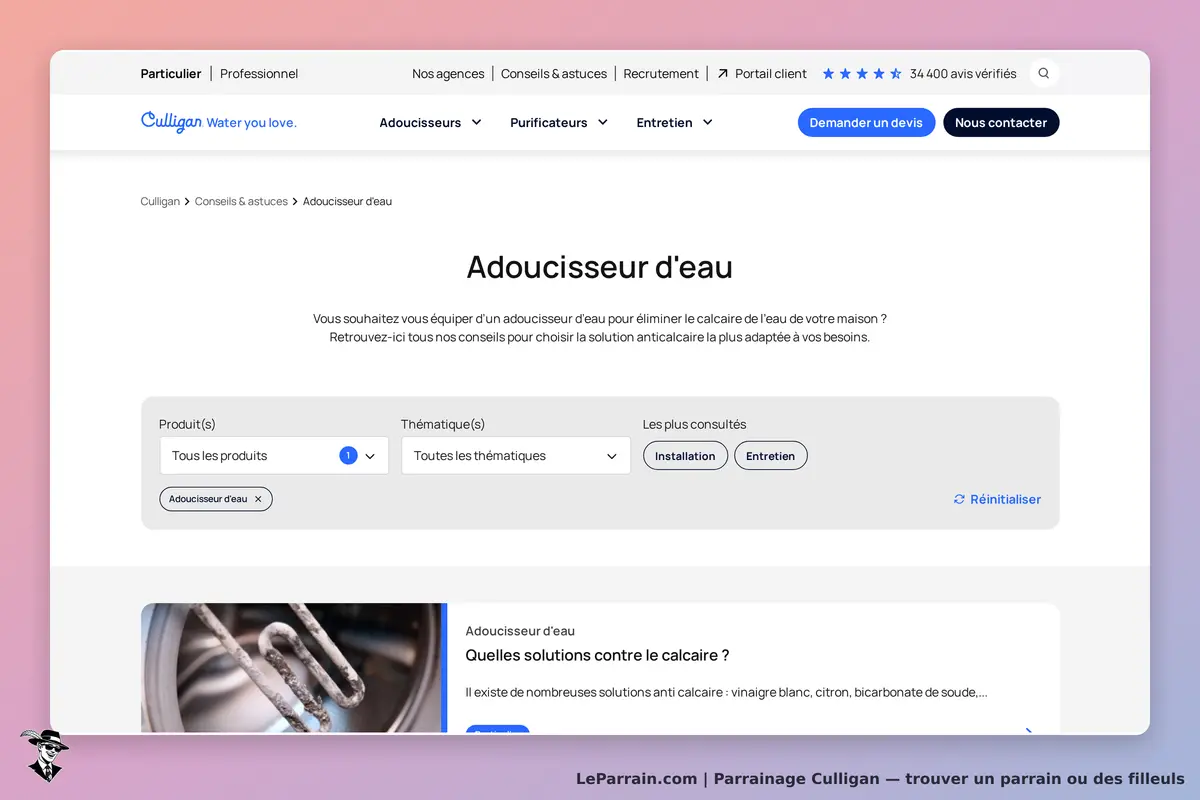 Culligan : page sur les adoucisseurs d'eau avec conseils et options de filtrage