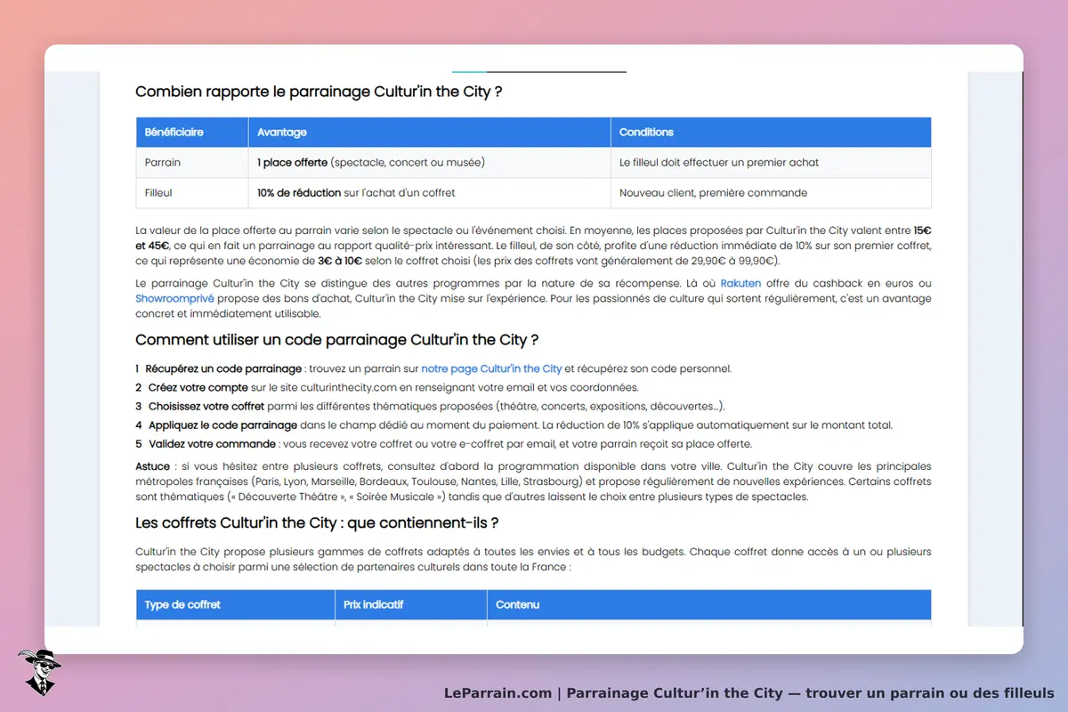 Cultur’in the City : cultur'in the City : tableau des avantages du parrainage et étapes pour