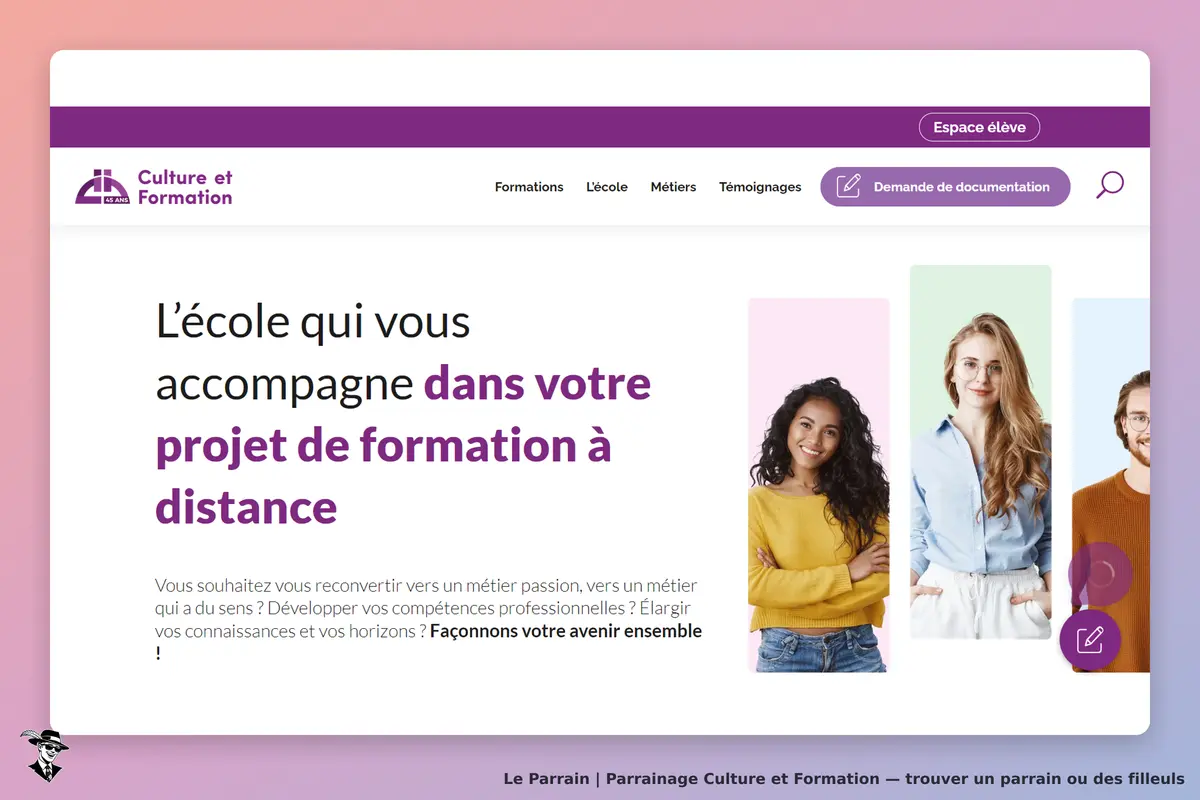 Culture et Formation : page d'accueil avec texte d'introduction et images de trois personnes