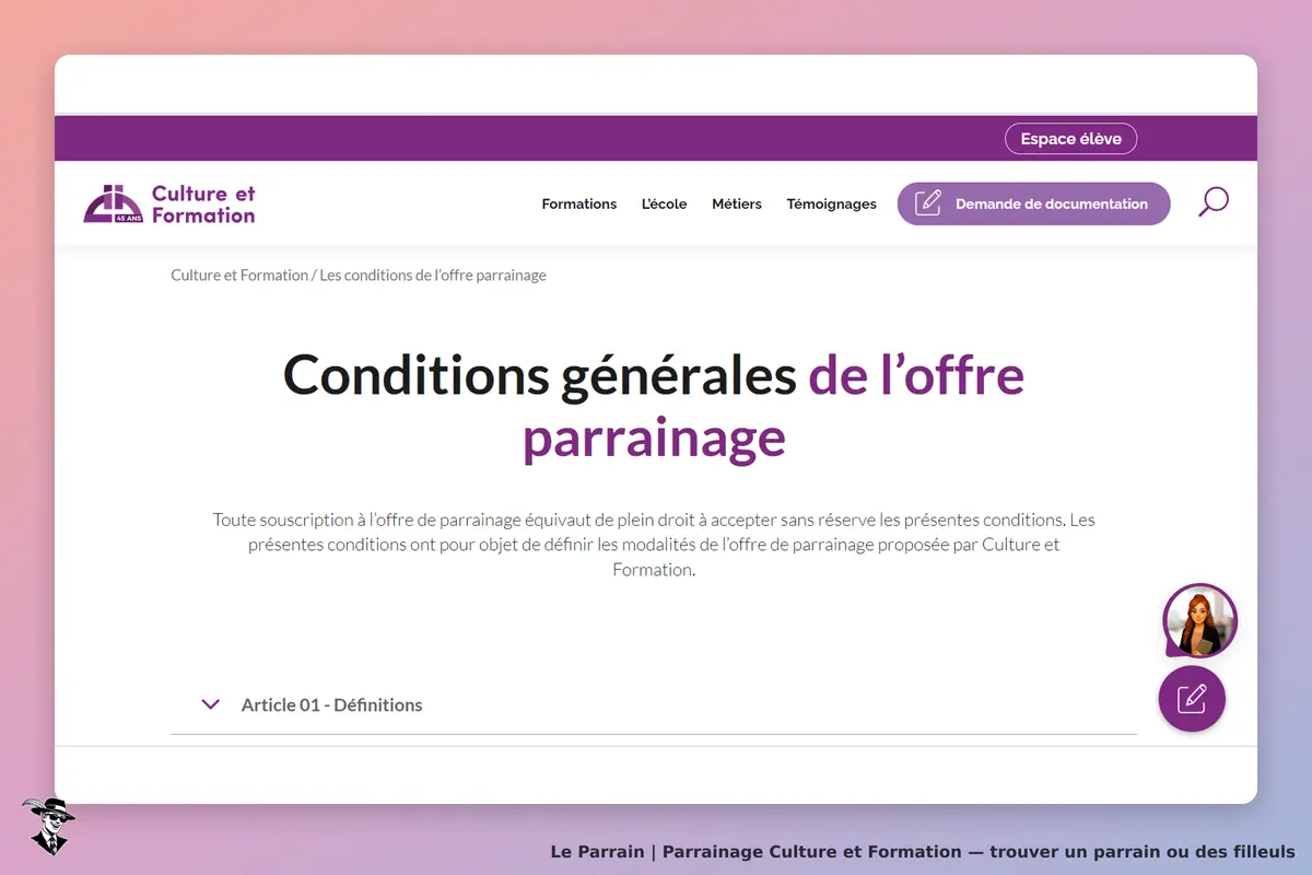 Culture et Formation : conditions générales de l'offre de parrainage sur une page dédiée