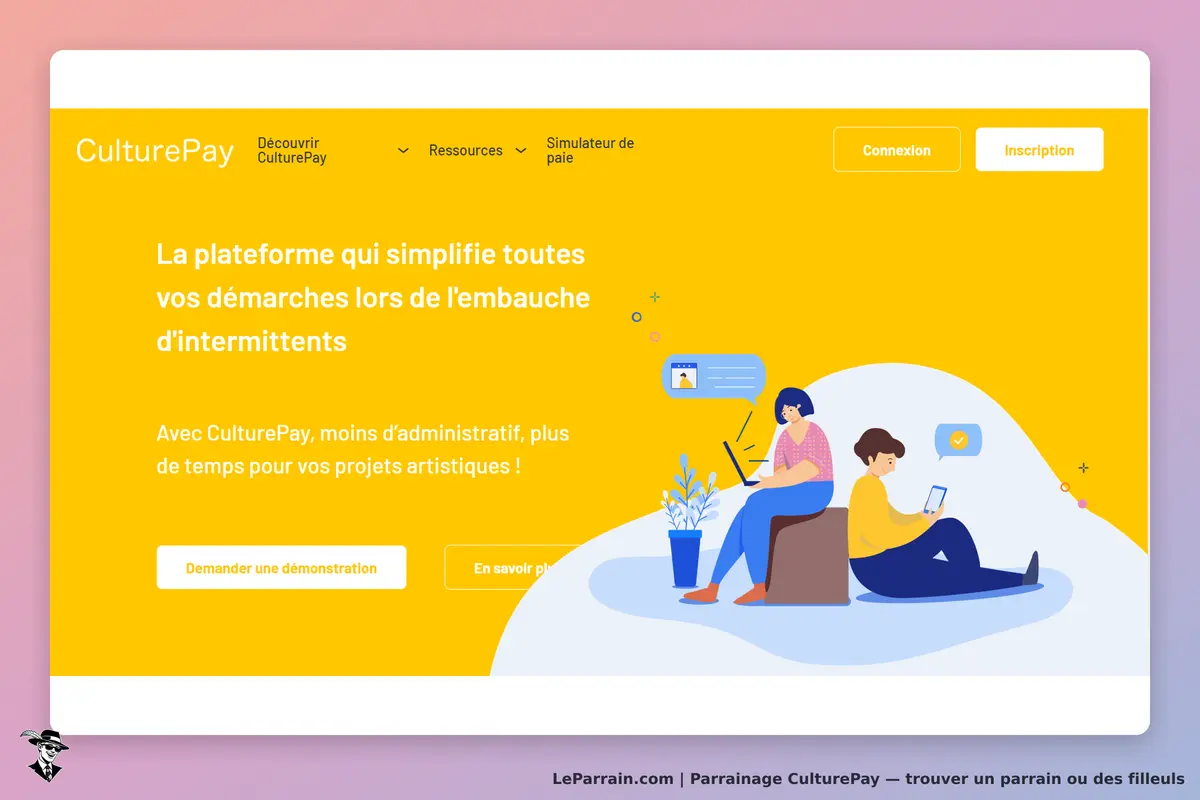 CulturePay : page d'accueil présentant la plateforme et des illustrations de personnes utilisant