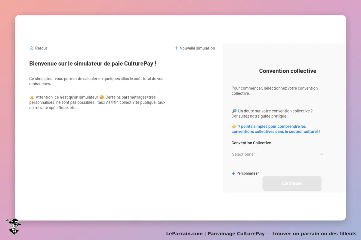 CulturePay : page d'accueil du simulateur de paie avec instructions et sélection de convention