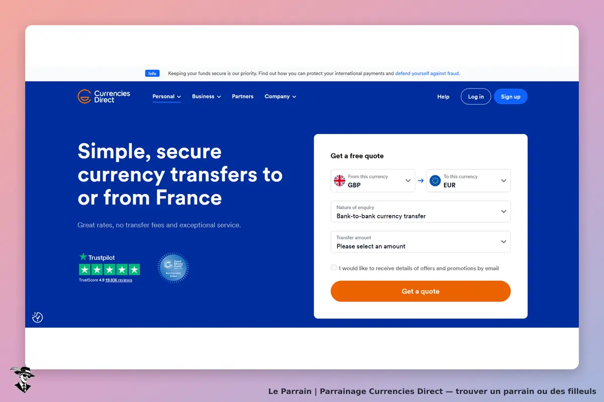 Currencies Direct : page d'accueil avec formulaire pour devis de transfert de devises