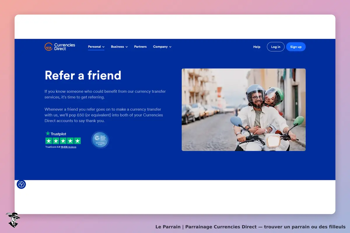 Currencies Direct : page d'accueil avec un formulaire pour référer un ami et une image de couple