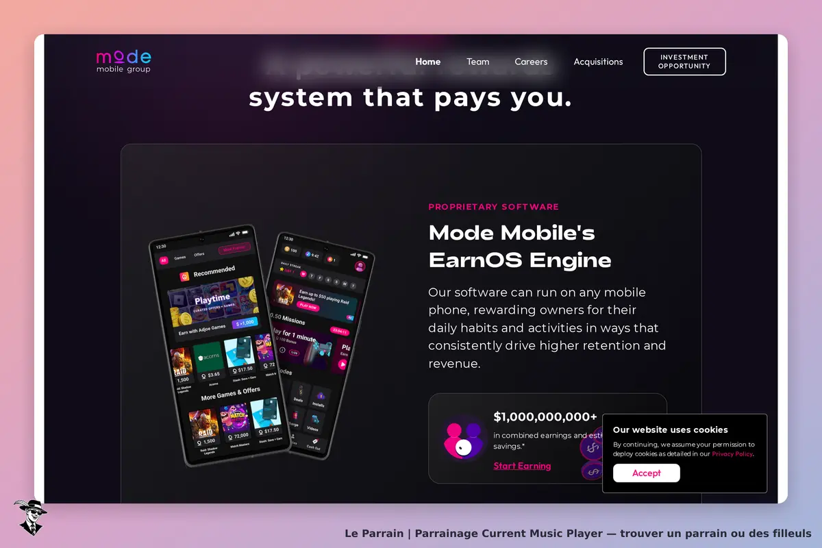 Current Music Player : page d'accueil présentant des smartphones avec l'application et des offres