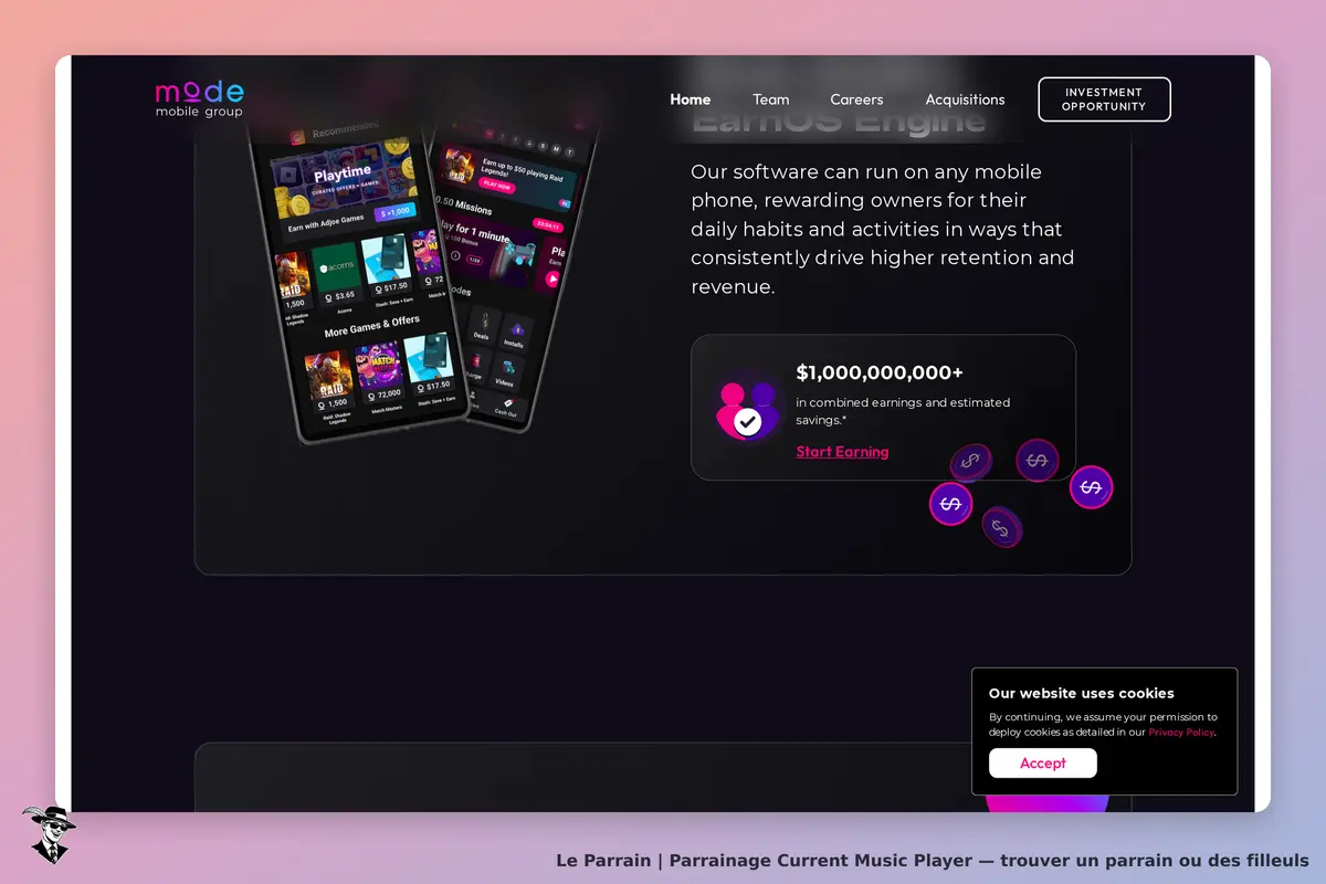 Current Music Player : page d'accueil avec des smartphones affichant des jeux et offres diverses