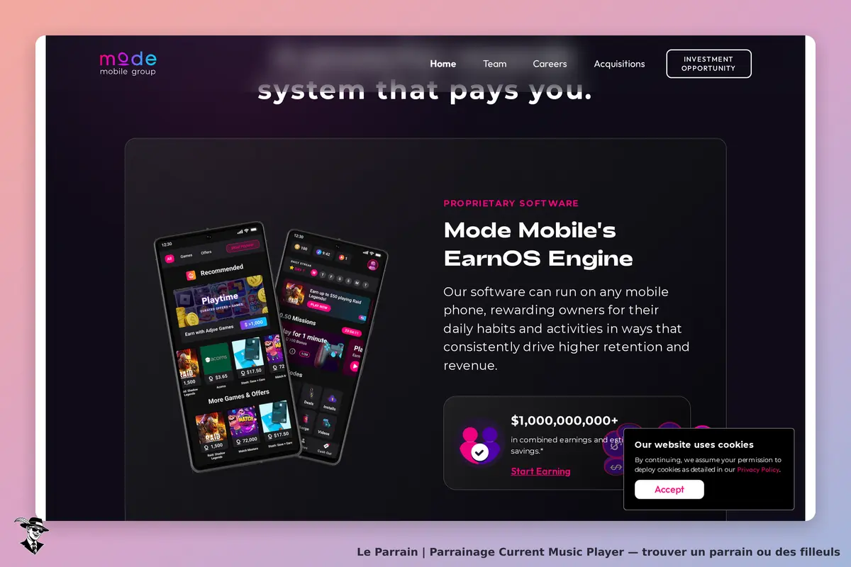 Current Music Player : page d'accueil présentant l'application Mode Mobile et son moteur EarnOS