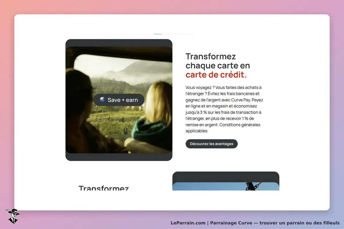 Curve : page d'accueil présentant une carte de crédit avec des options de voyage et d'économies