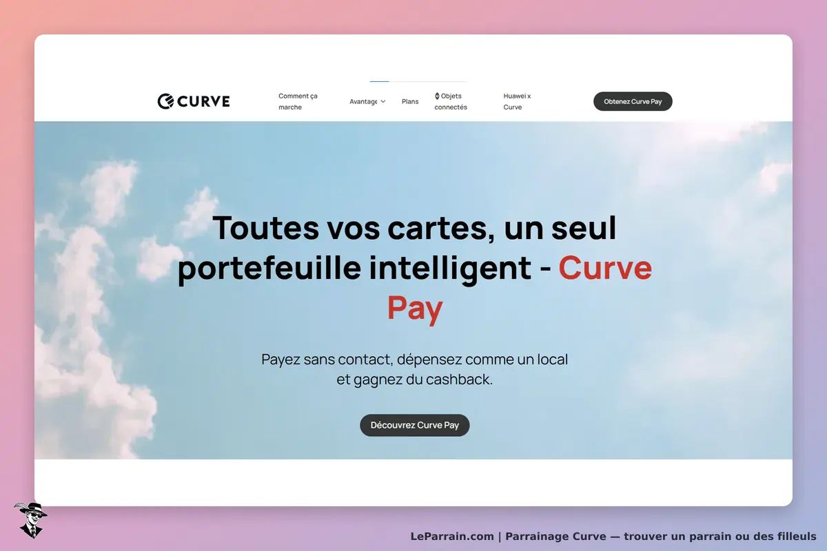 Curve : page d'accueil présentant le portefeuille intelligent Curve Pay sur fond de ciel