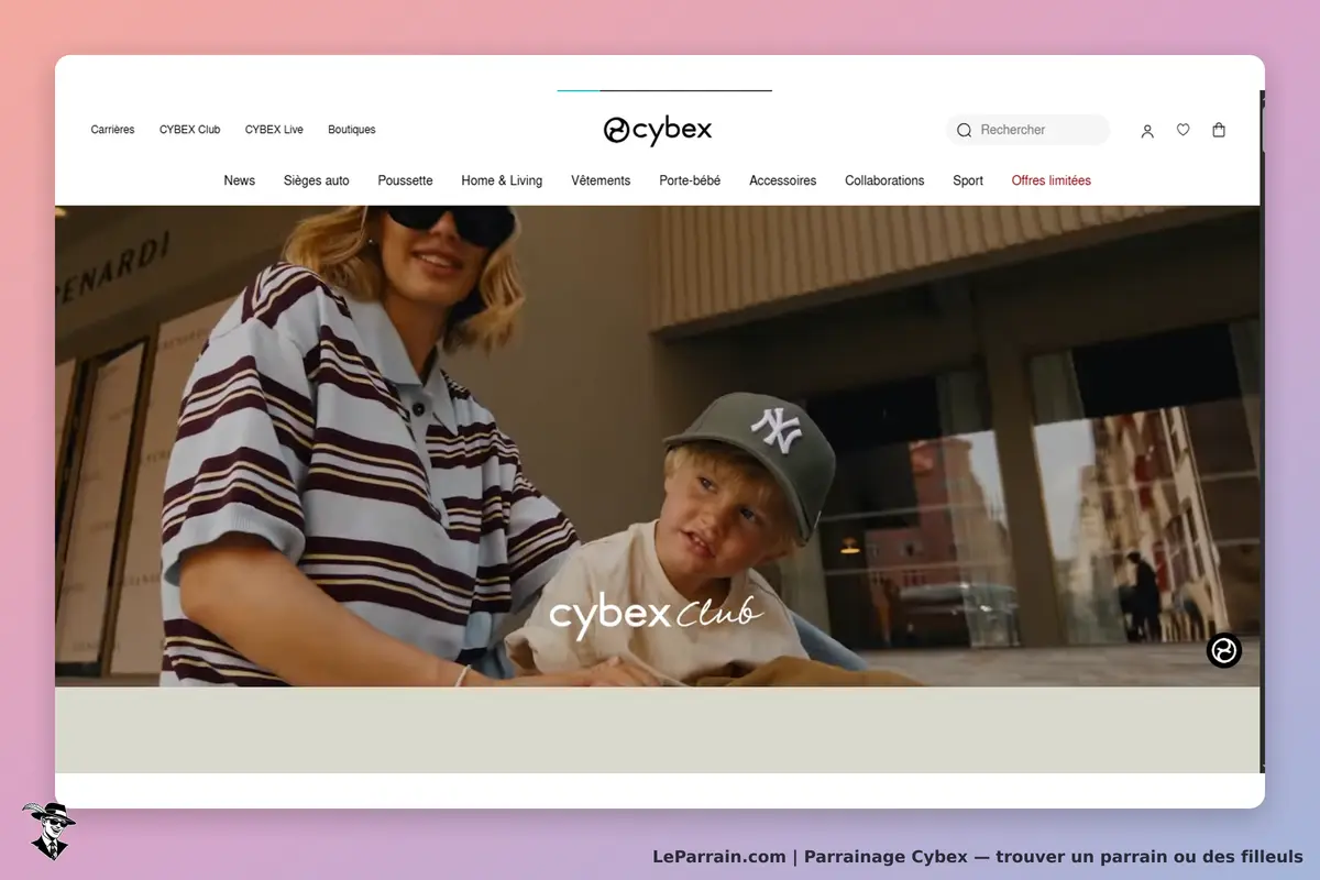 Cybex : une femme et un enfant interagissent sur une terrasse, logo Cybex Club au centre