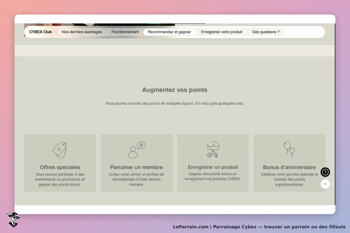 Cybex : page d'accueil du CYBEX Club avec options pour augmenter des points de fidélité
