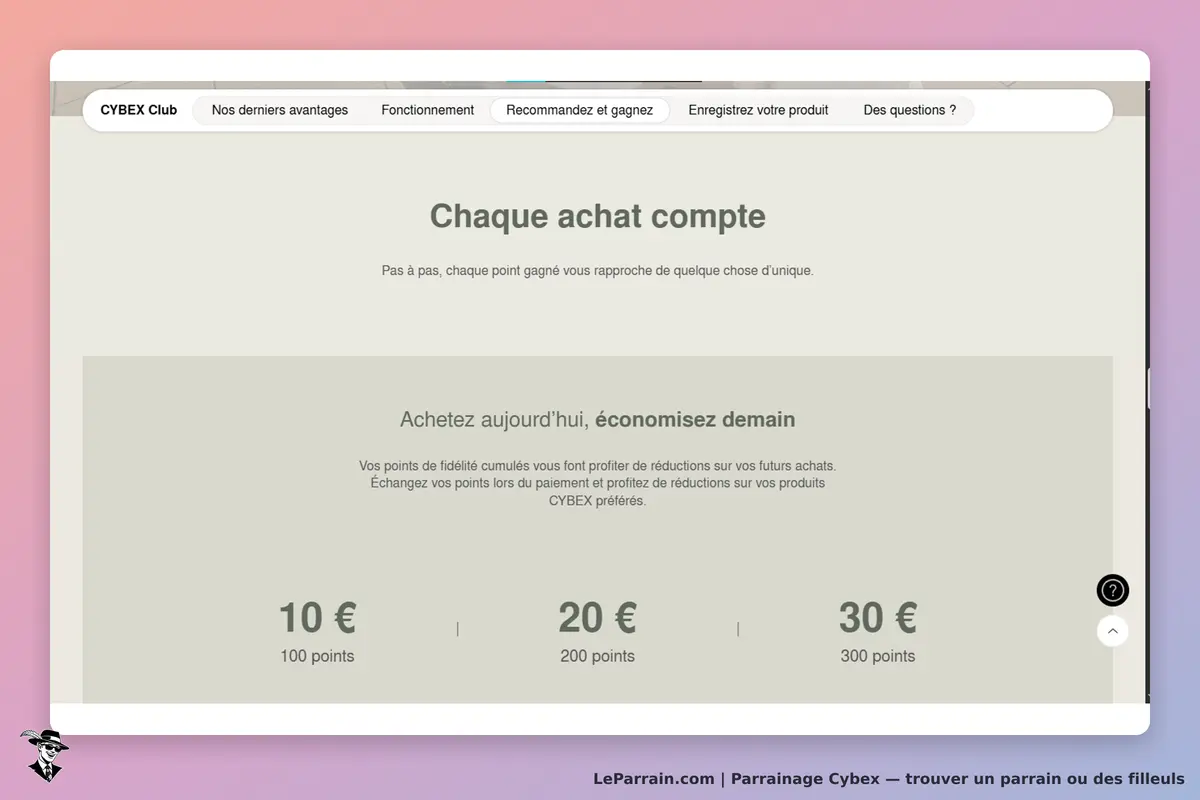 Cybex : page d'accueil du programme de fidélité avec points et offres d'achat
