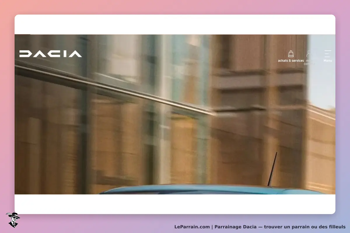 Dacia : page d'accueil avec un véhicule flou en mouvement et un logo en haut à gauche