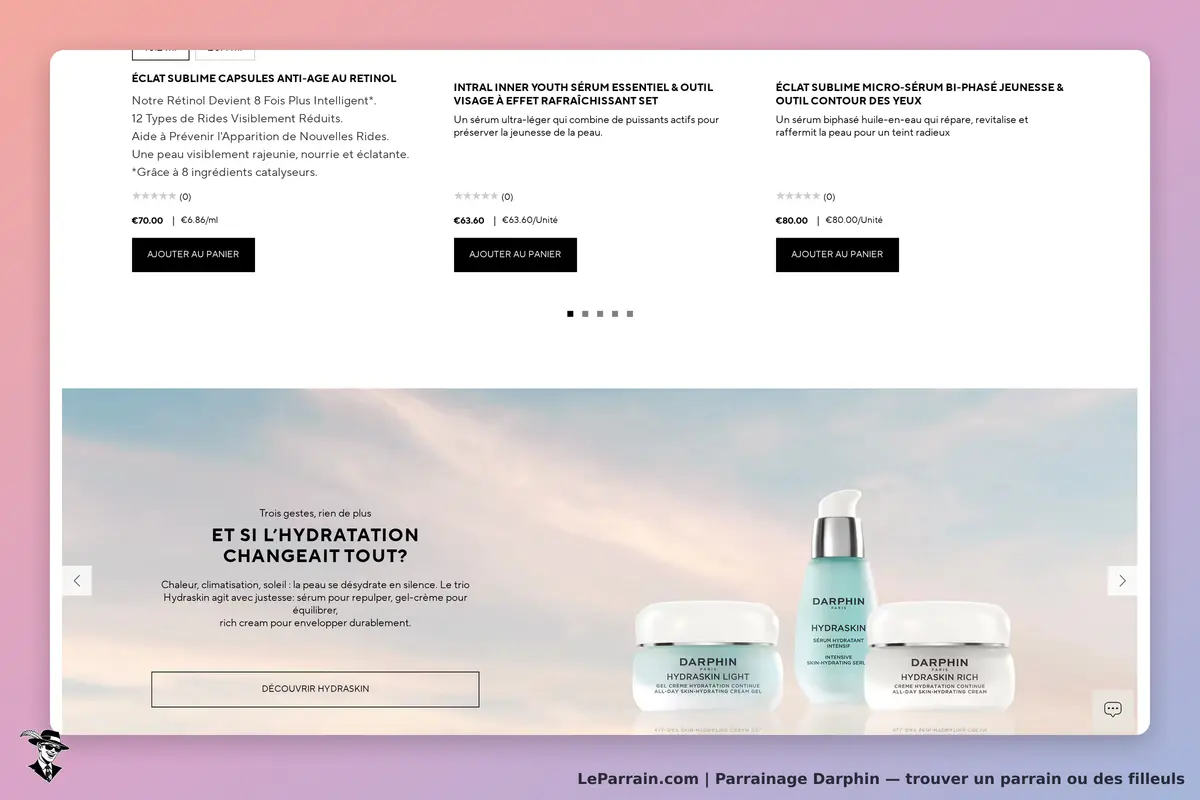 Darphin : page d'accueil avec produits de soin et message sur l'hydratation