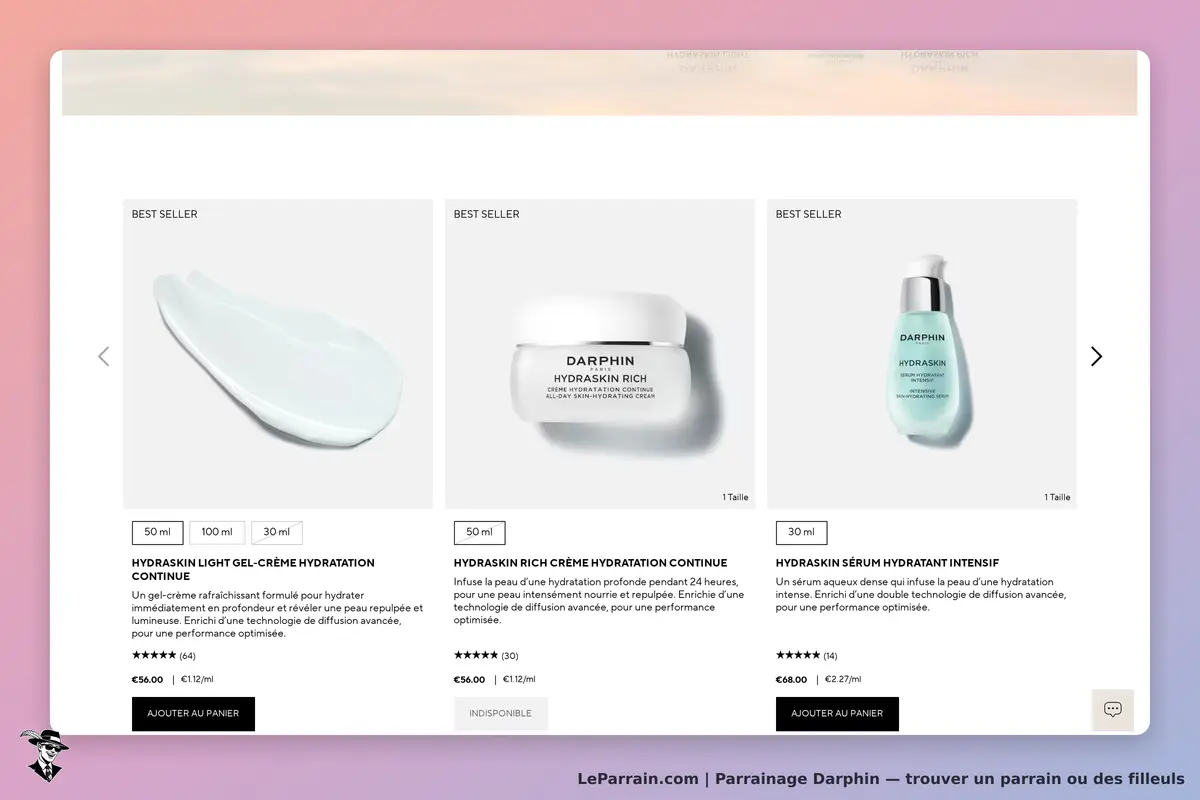Darphin : trois produits de soin hydratants présentés sur la page d'accueil