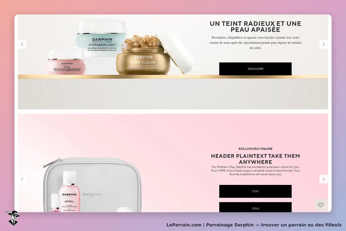 Darphin : produits de soin affichés sur fond clair avec texte promotionnel et boutons d'action