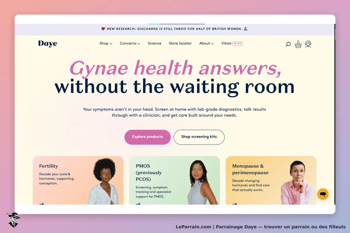 Daye : page d'accueil présentant des solutions de santé gynécologique et des produits associés