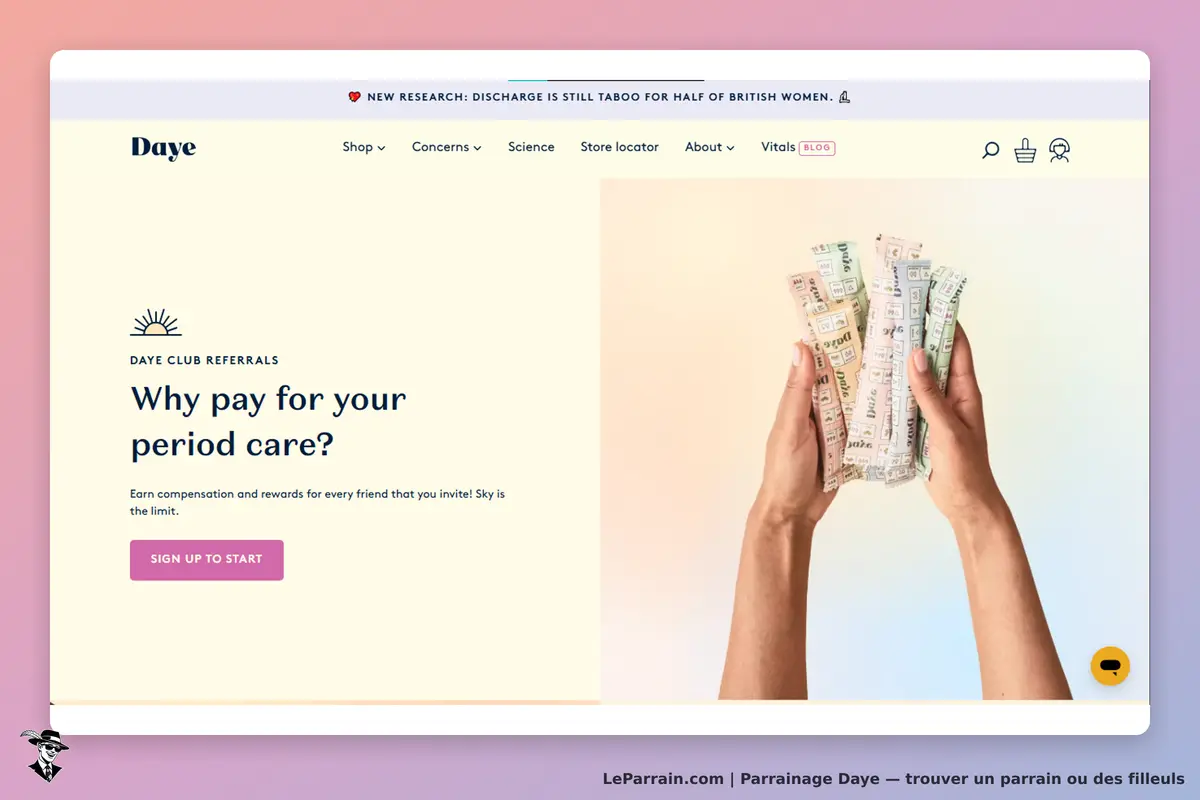 Daye : page d'accueil avec un slogan et des mains tenant des produits enroulés