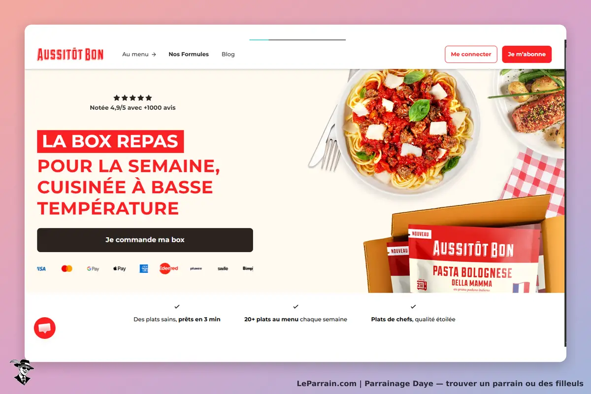 Daye : aussitôt Bon : page d'accueil présentant une box repas avec plat de pâtes et options de