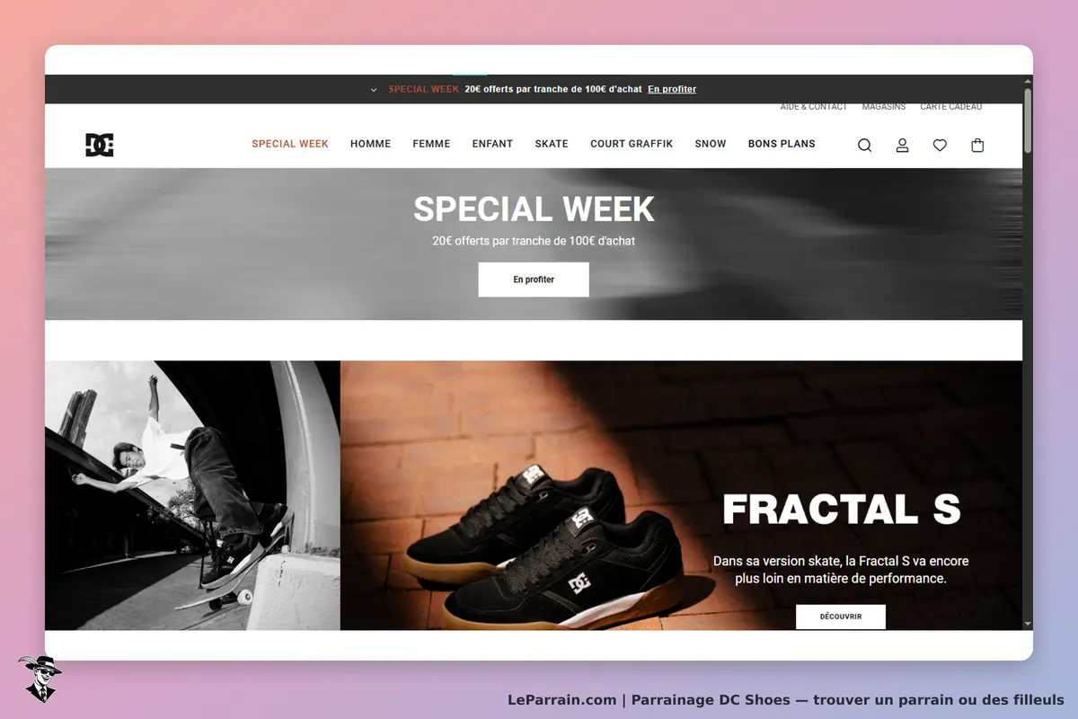 DC Shoes : page d'accueil avec promotion "Special Week" et présentation de la chaussure Fractal S