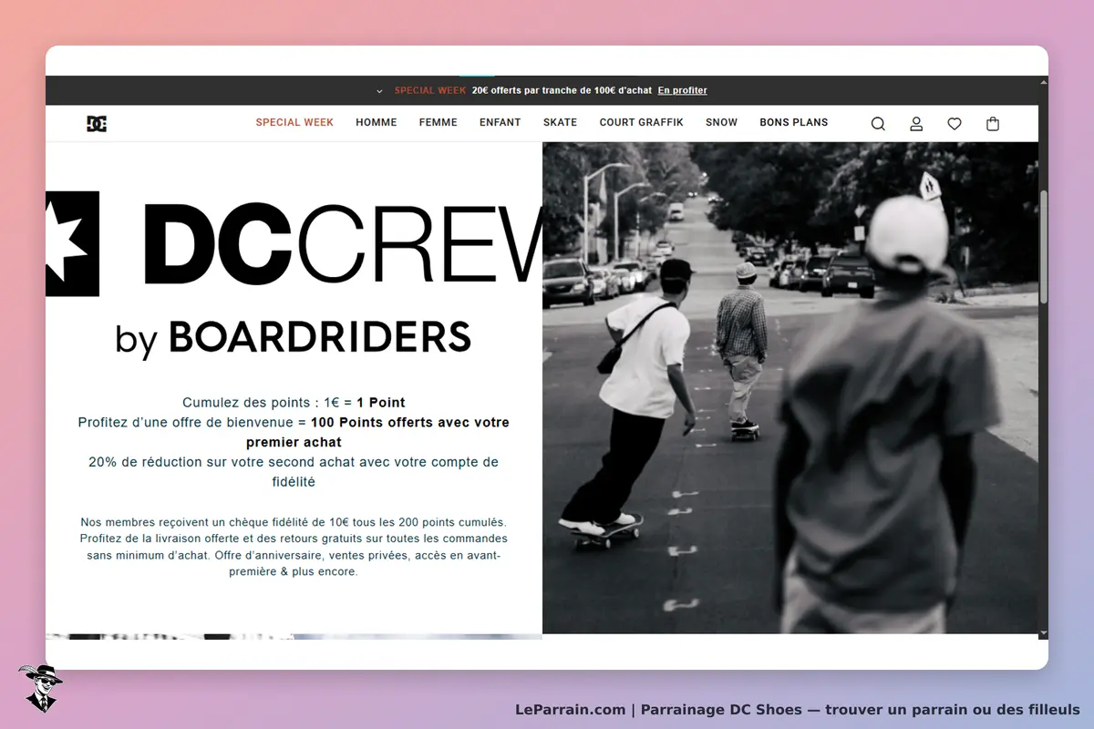 DC Shoes : page d'accueil avec des skateurs sur une rue et des informations sur un programme de
