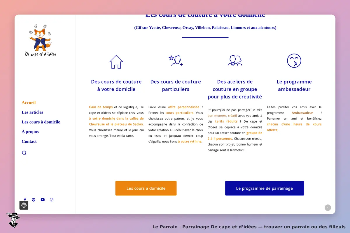 De cape et d’idées : page d'accueil présentant les cours de couture à domicile et ateliers