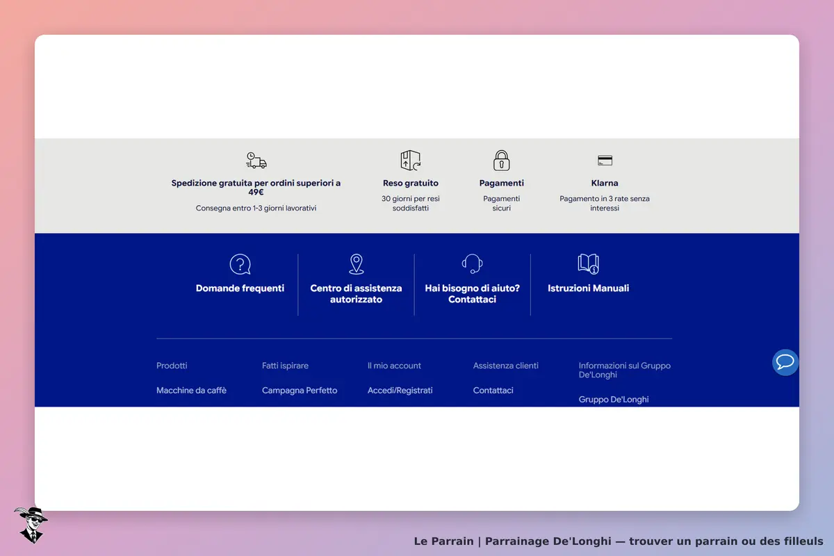 De'Longhi : section inférieure du site avec options d'assistance et informations clients